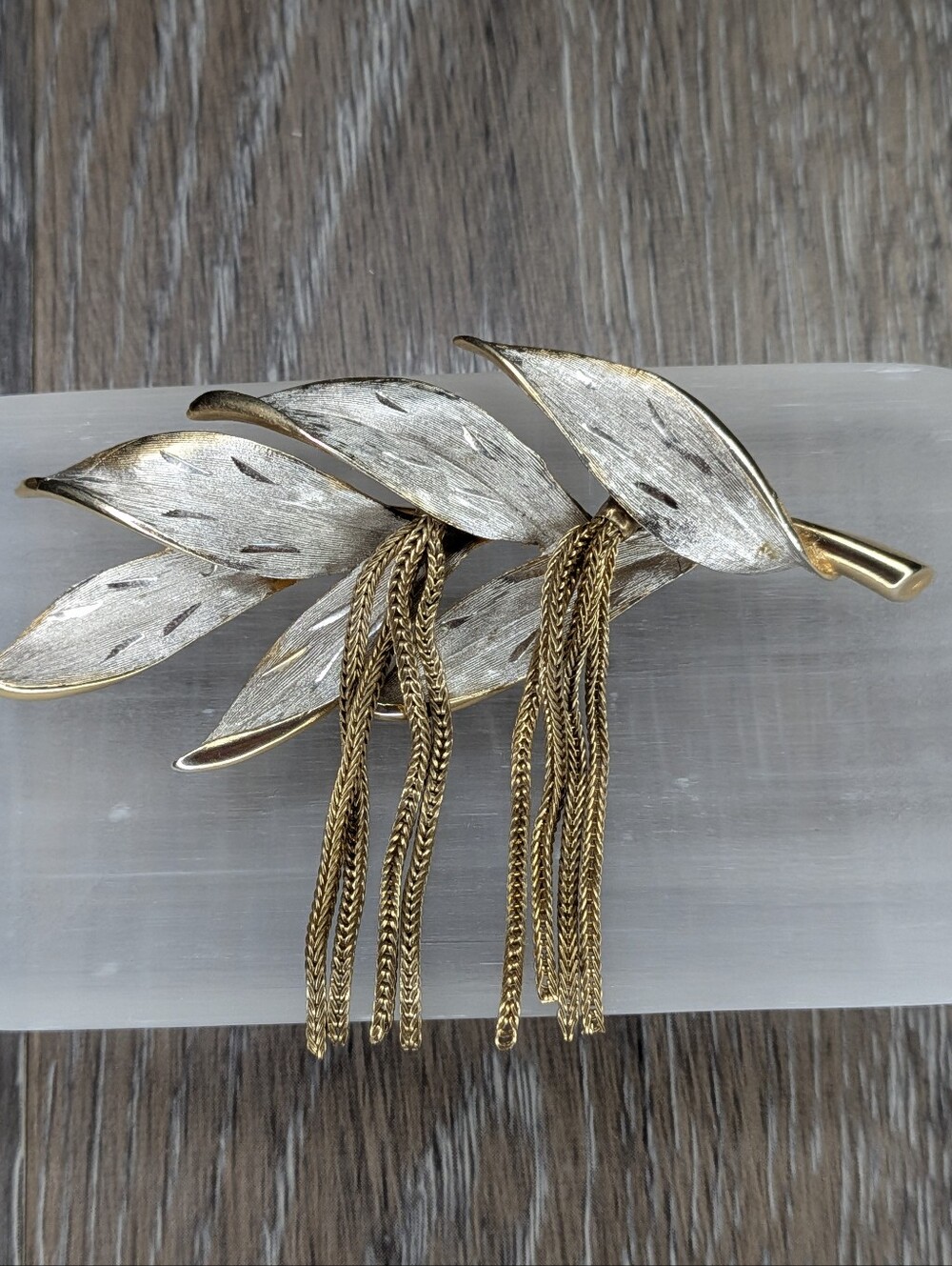 Large Vintage Mixed Metal Leaf Tassel Brooch – Silver & Gold Tone Statement Pin